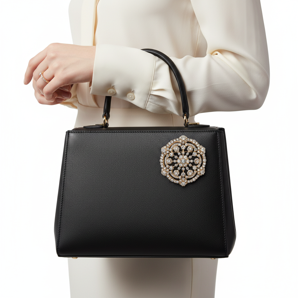 Gold brooch on handbag
