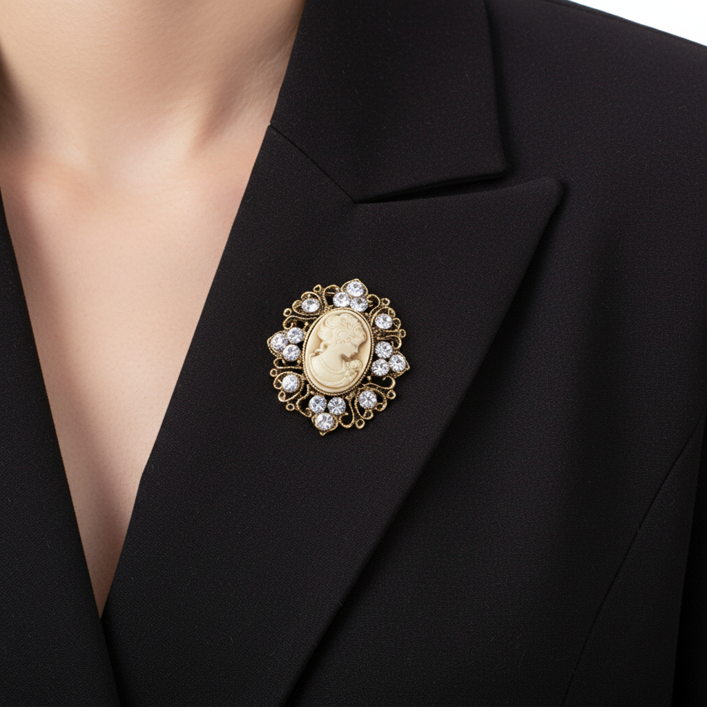 Gold Cameo Brooch on Blazer