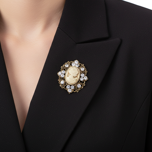 Gold Cameo Brooch on Blazer