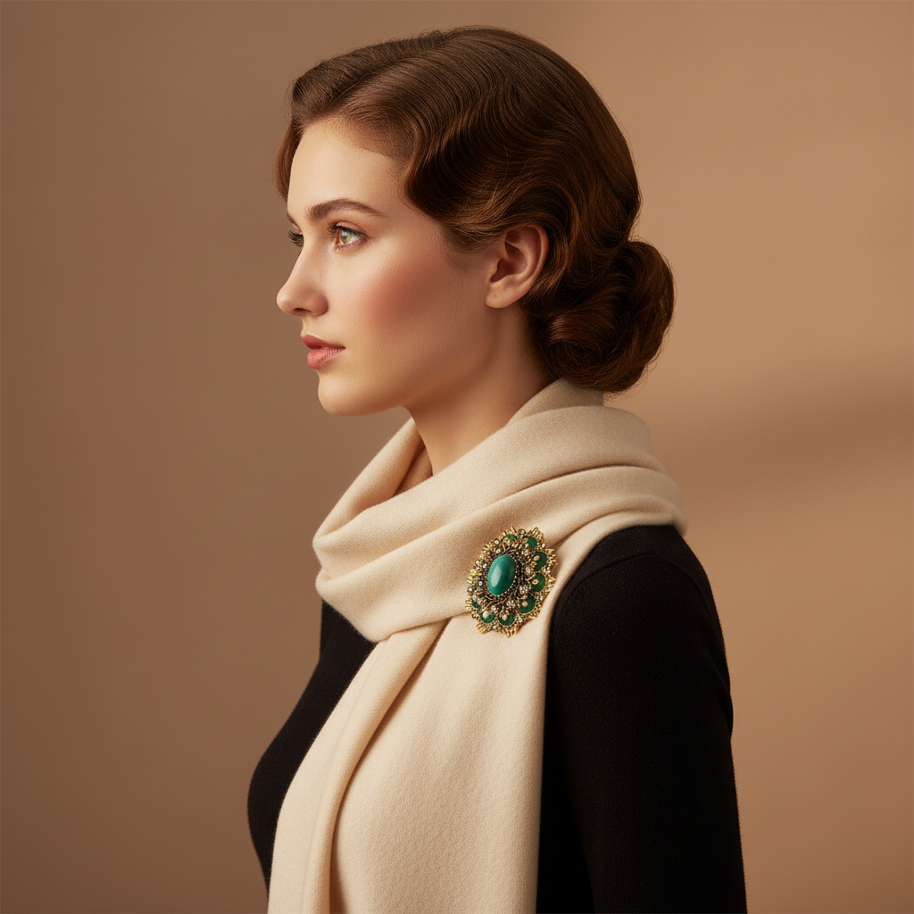 Gold Cat's Eye Brooch on Cream Scarf