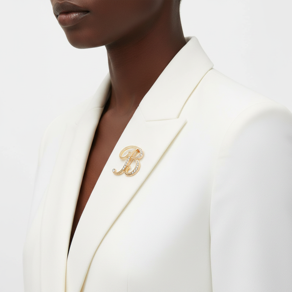 Gold Crystal B Brooch - Front Lifestyle