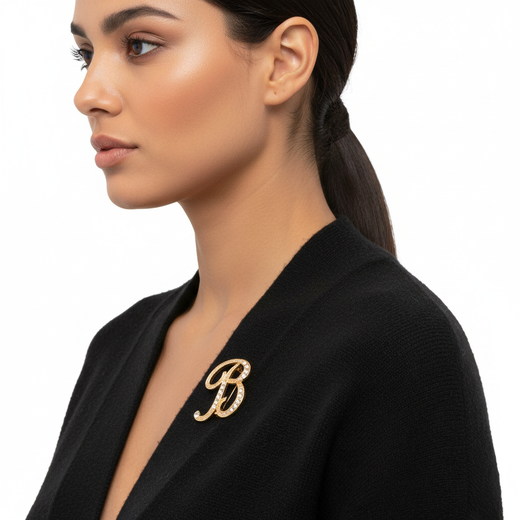 Gold Crystal B Brooch - Side Lifestyle