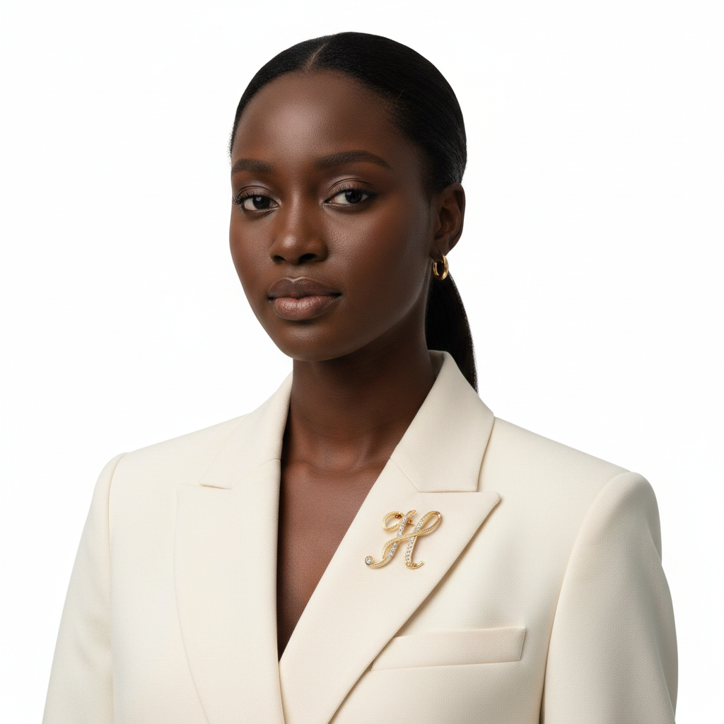Gold Crystal H Brooch – Front Lifestyle