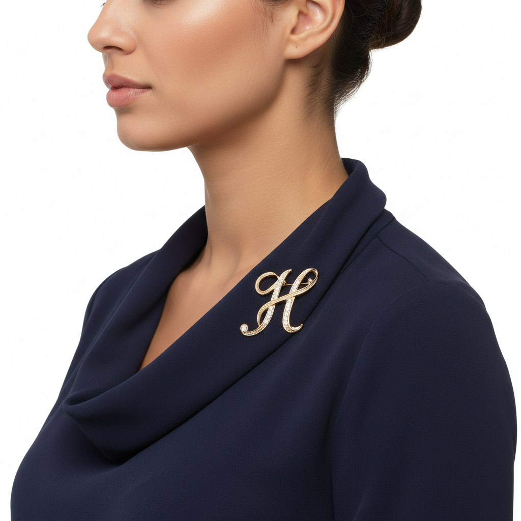 Gold Crystal H Brooch – Side Lifestyle