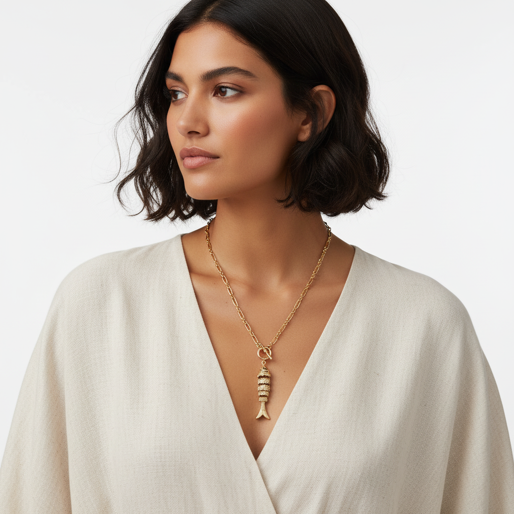 Gold Fish Necklace Lifestyle Side