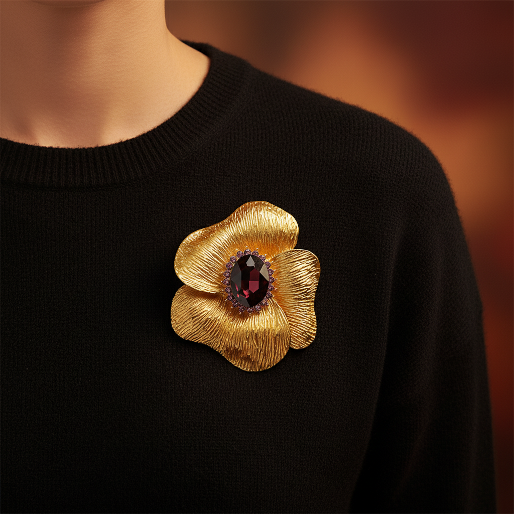 Gold Flower Brooch on Black Sweater