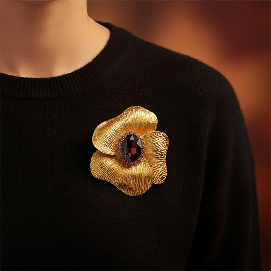 Gold Flower Brooch on Black Sweater