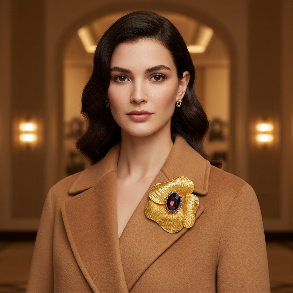 Gold Flower Brooch on Camel Coat