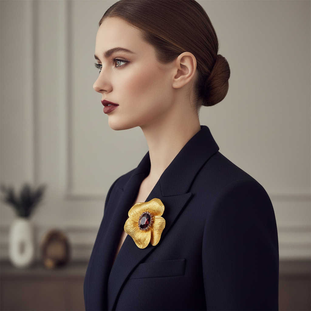 Gold Flower Brooch on Navy Blazer