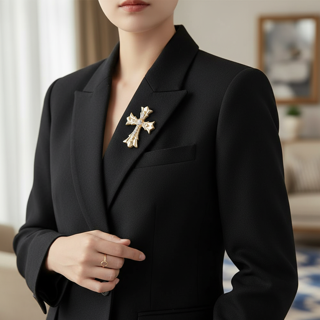 Gold Gothic Cross Brooch on Black Blazer