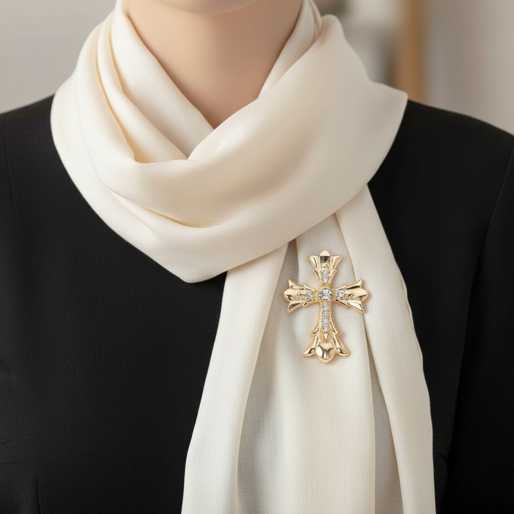 Gold Gothic Cross Brooch on Silk Scarf