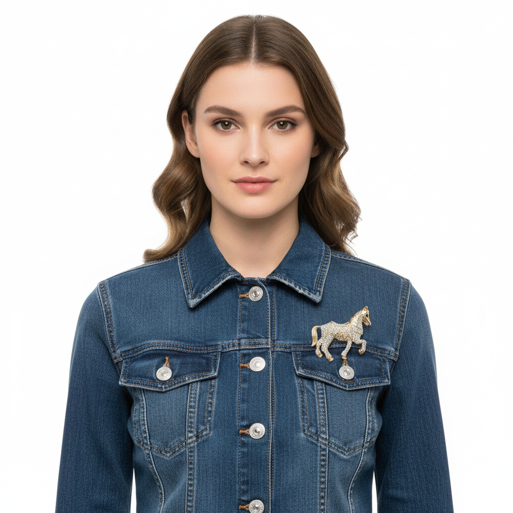 Gold Horse Brooch on Denim - Front