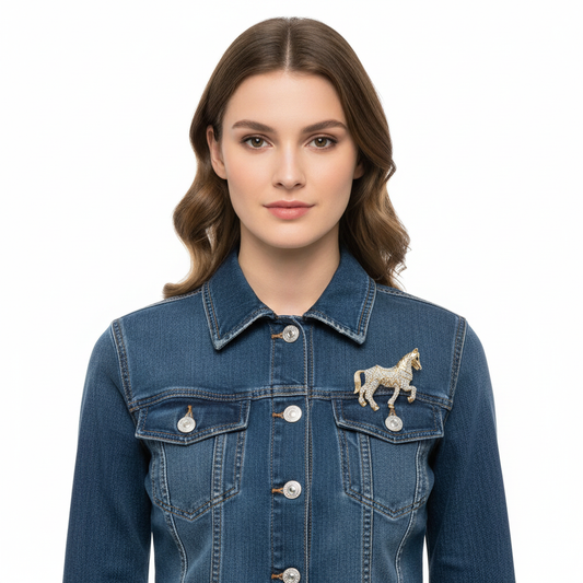 Gold Horse Brooch on Denim - Front