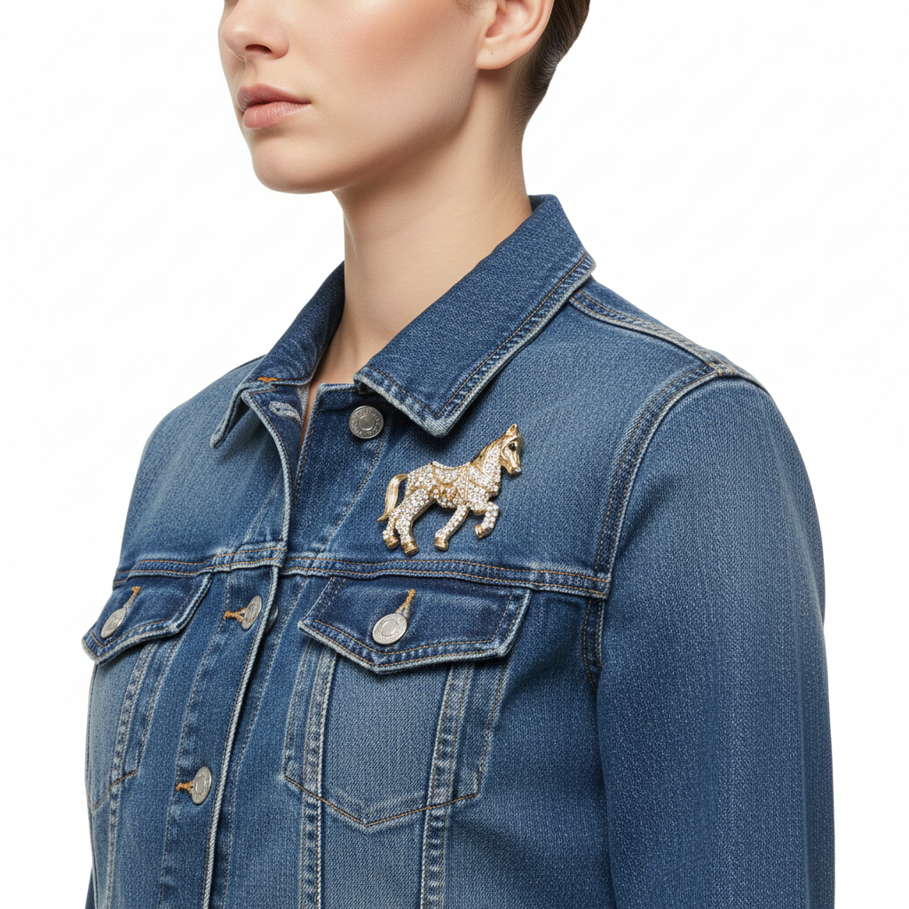 Gold Horse Brooch on Denim - Side
