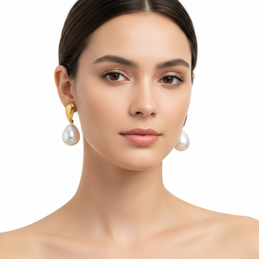 Gold Pearl Drop Earrings – Front
