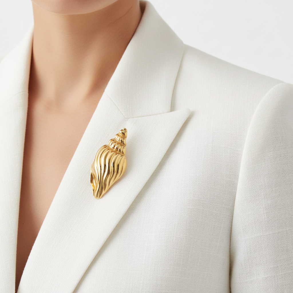 Gold Shell Brooch on Blazer
