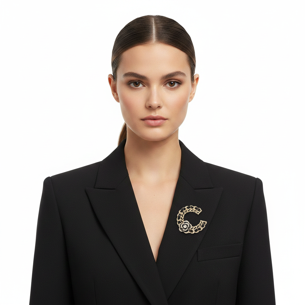 Gold Tone C Brooch Lifestyle Front