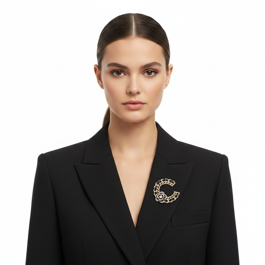 Gold Tone C Brooch Lifestyle Front