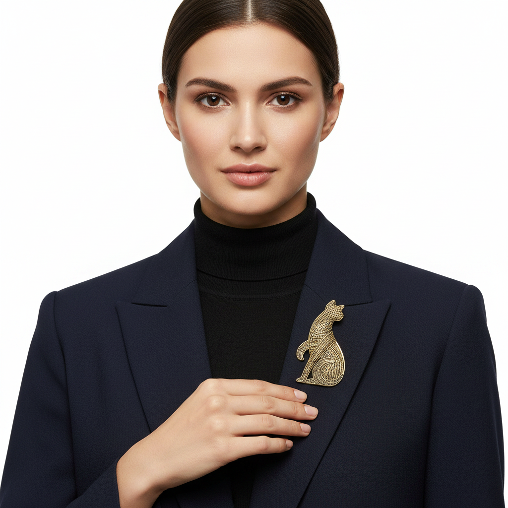 Gold-tone cat brooch lifestyle front