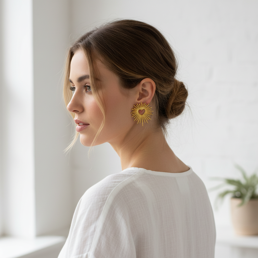 Golden Heart Sunburst Stud Earrings – Back Lifestyle