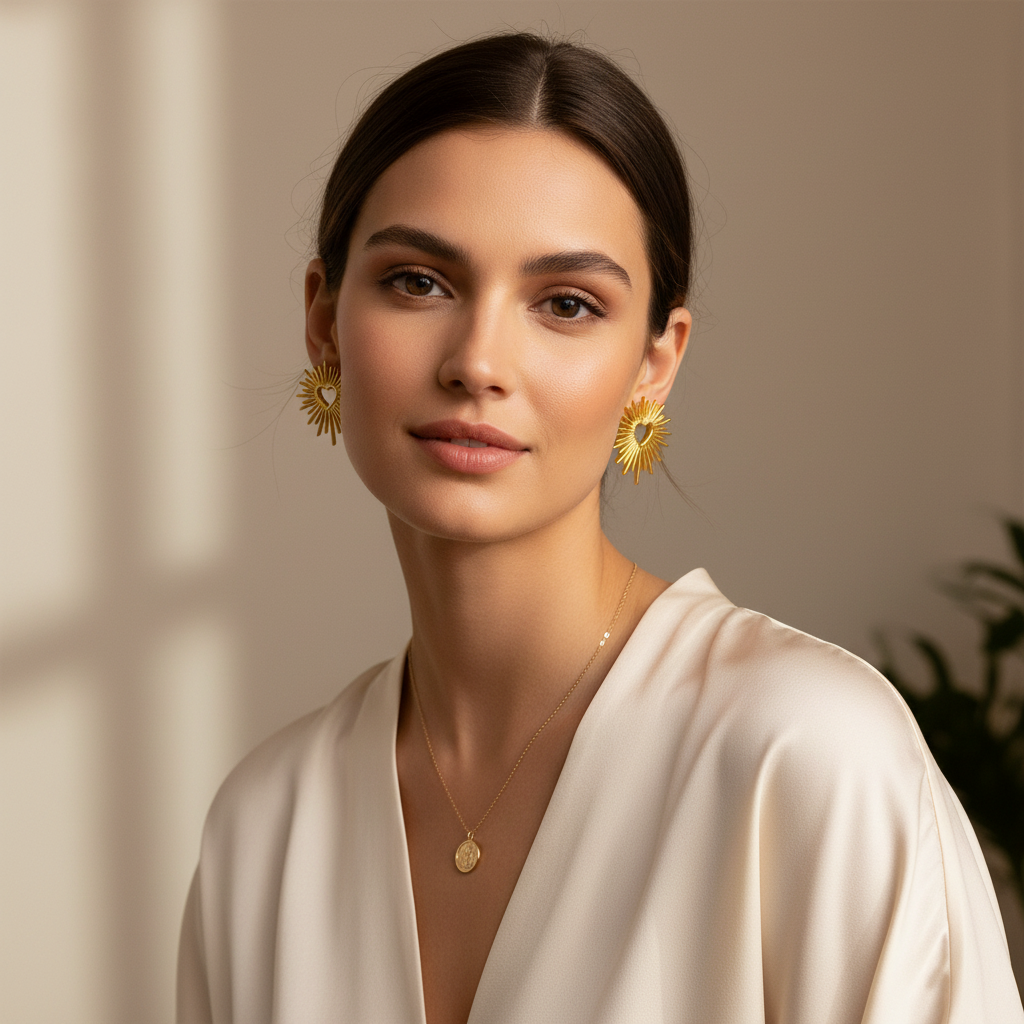 Golden Heart Sunburst Stud Earrings – Front Lifestyle