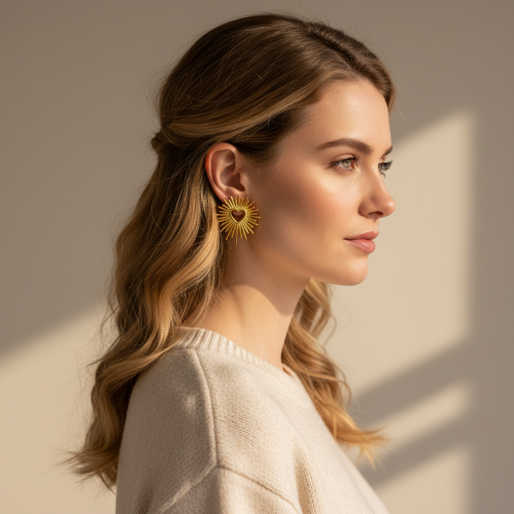Golden Heart Sunburst Stud Earrings – Side Lifestyle