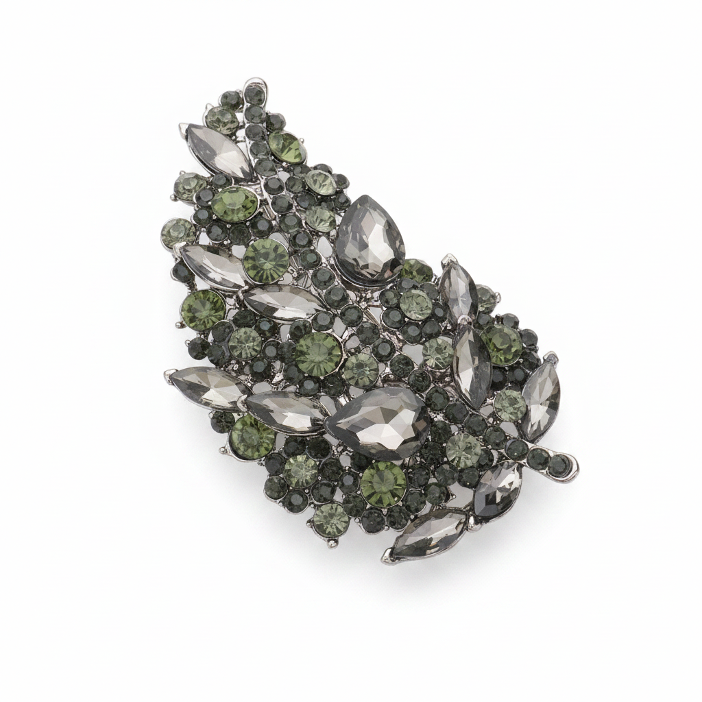 Graphite Olive Leaf Crystal Brooch - Product Shot