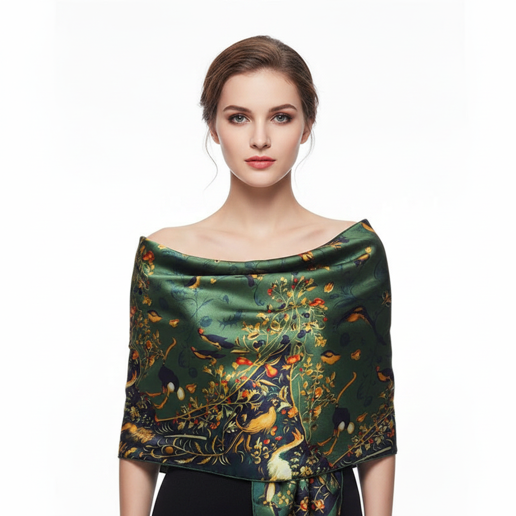 Green Botanical Scarf – Front, Satin Sheen