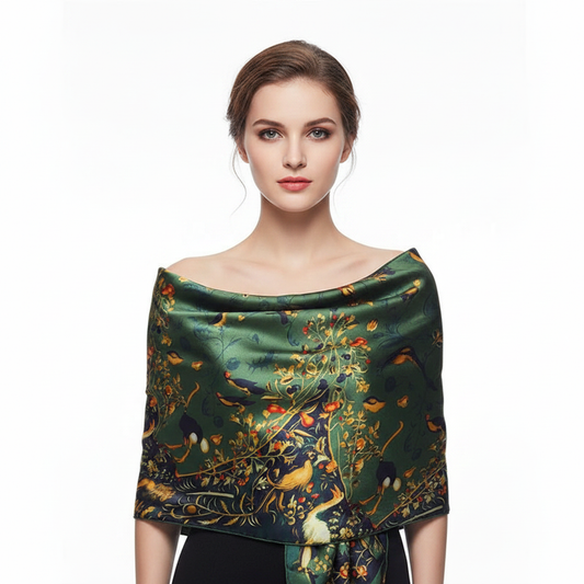 Green Botanical Scarf – Front, Satin Sheen