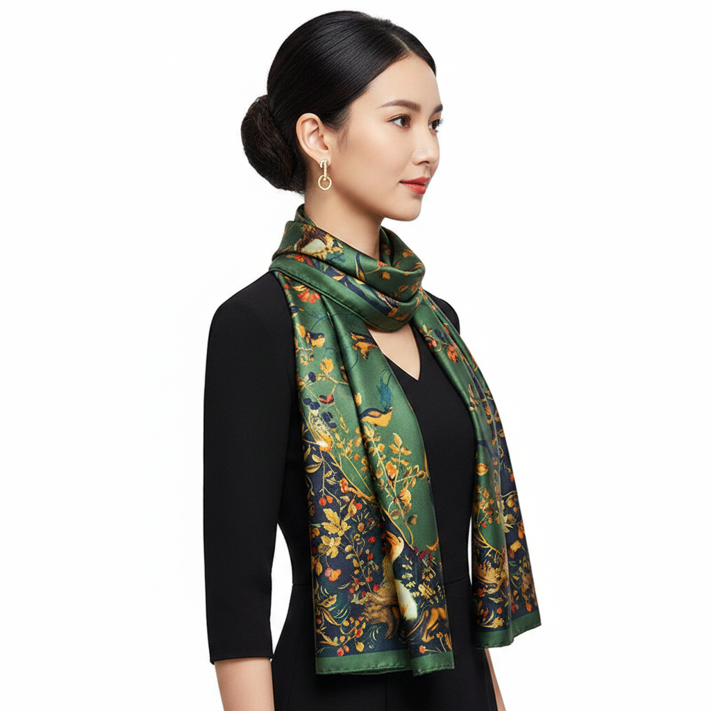 Green Botanical Scarf – Side, Satin Sheen