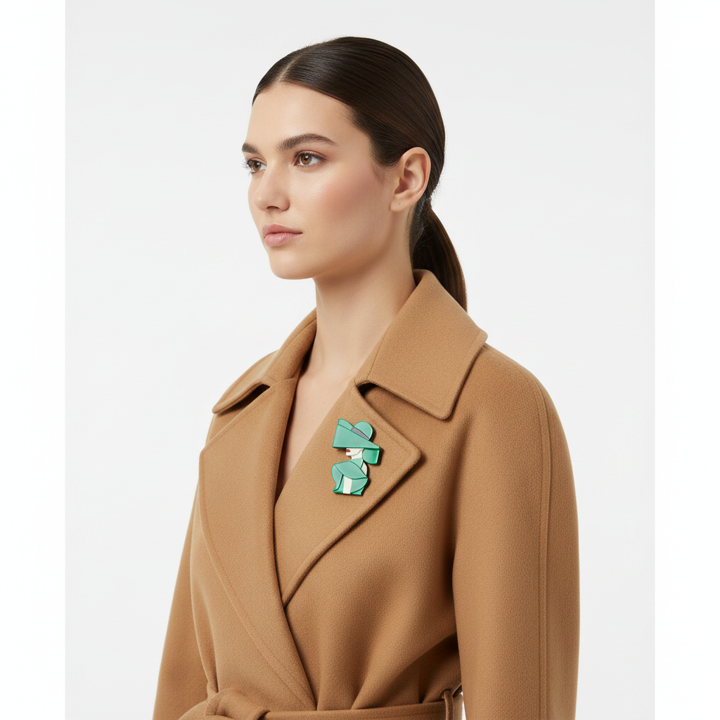 Green brooch - camel coat