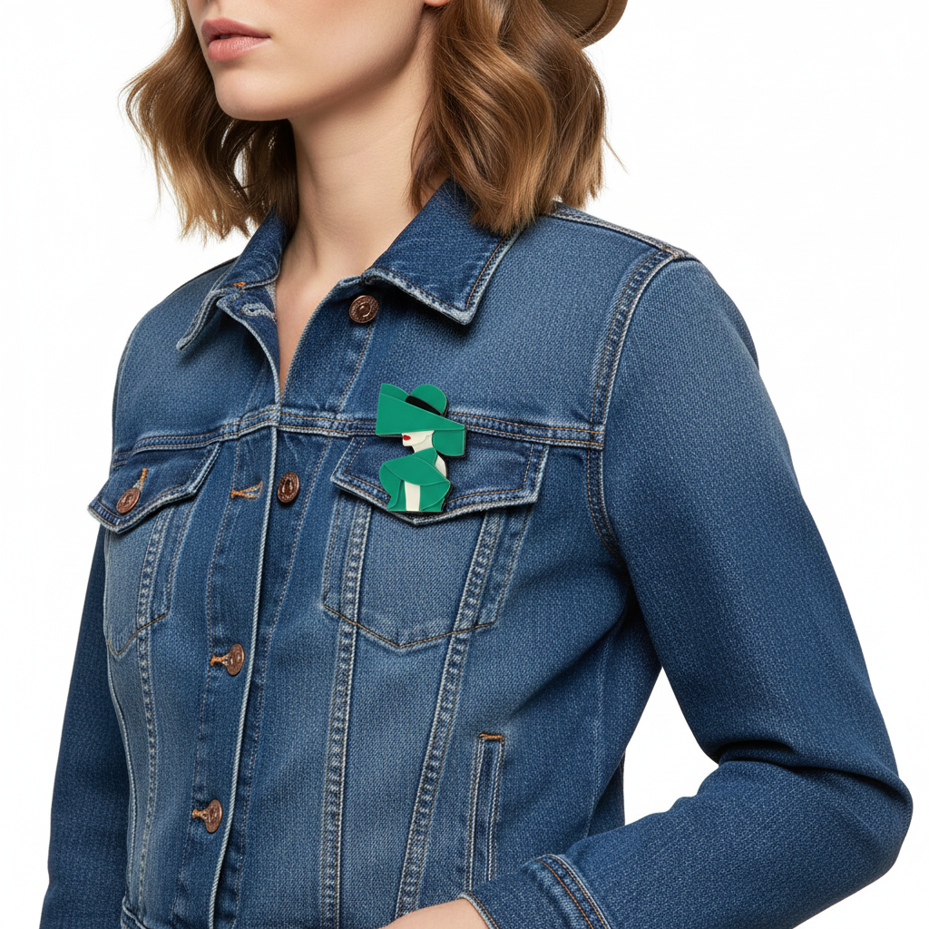 Green on denim jacket