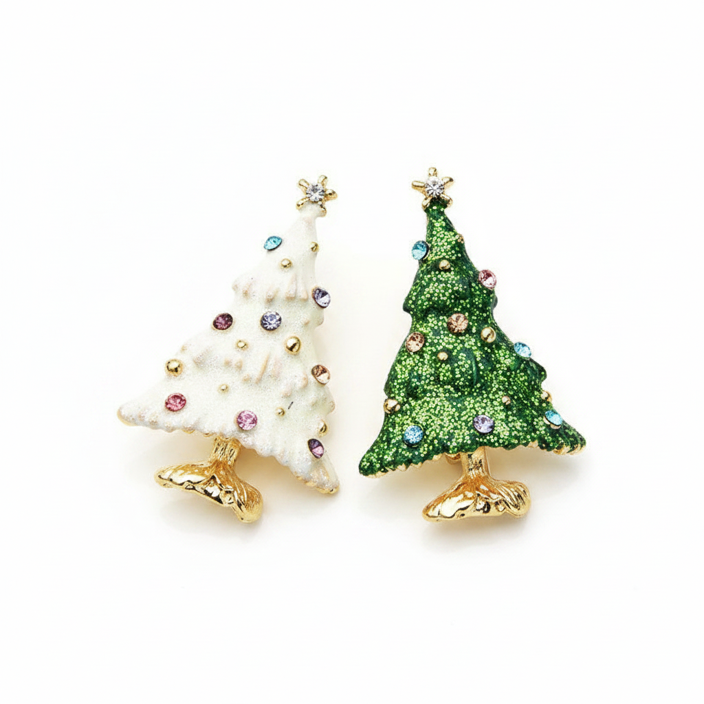 Green & White Christmas Tree Brooch Set