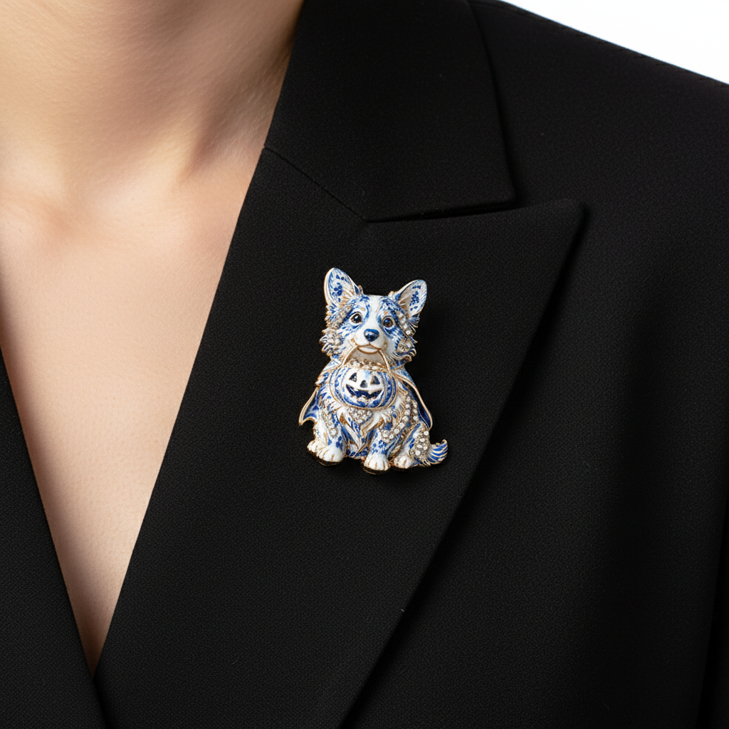 Halloween Corgi Brooch – Black Blazer Front