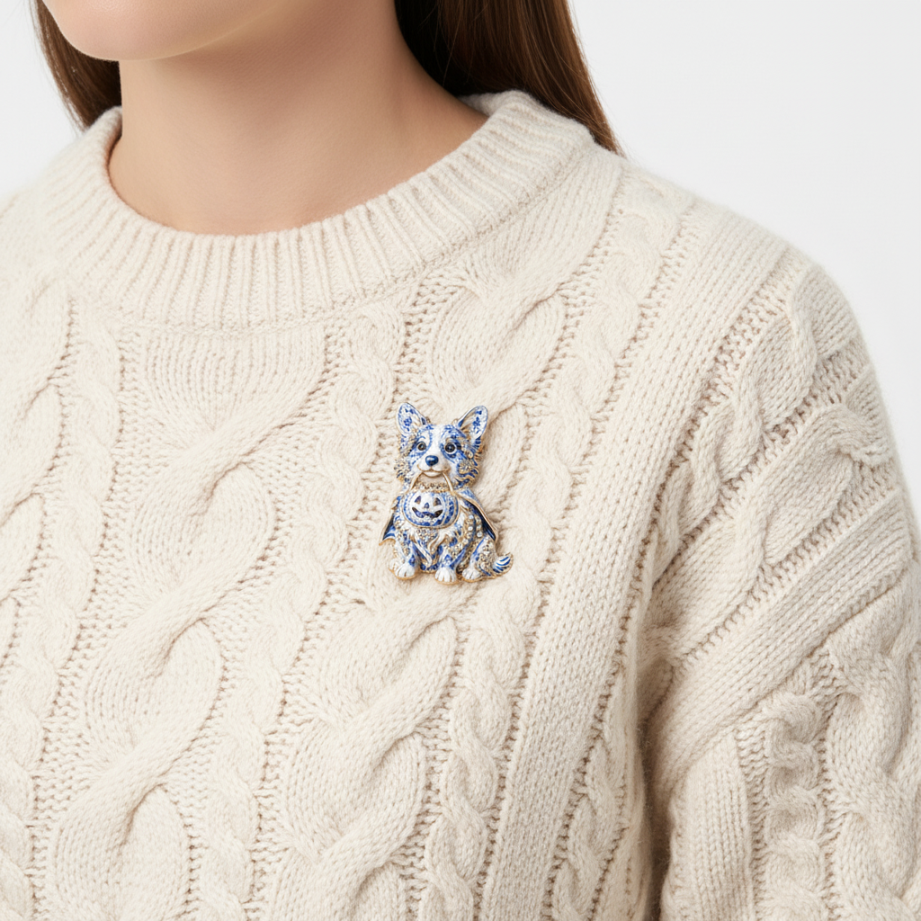 Halloween Corgi Brooch – Cream Sweater Side