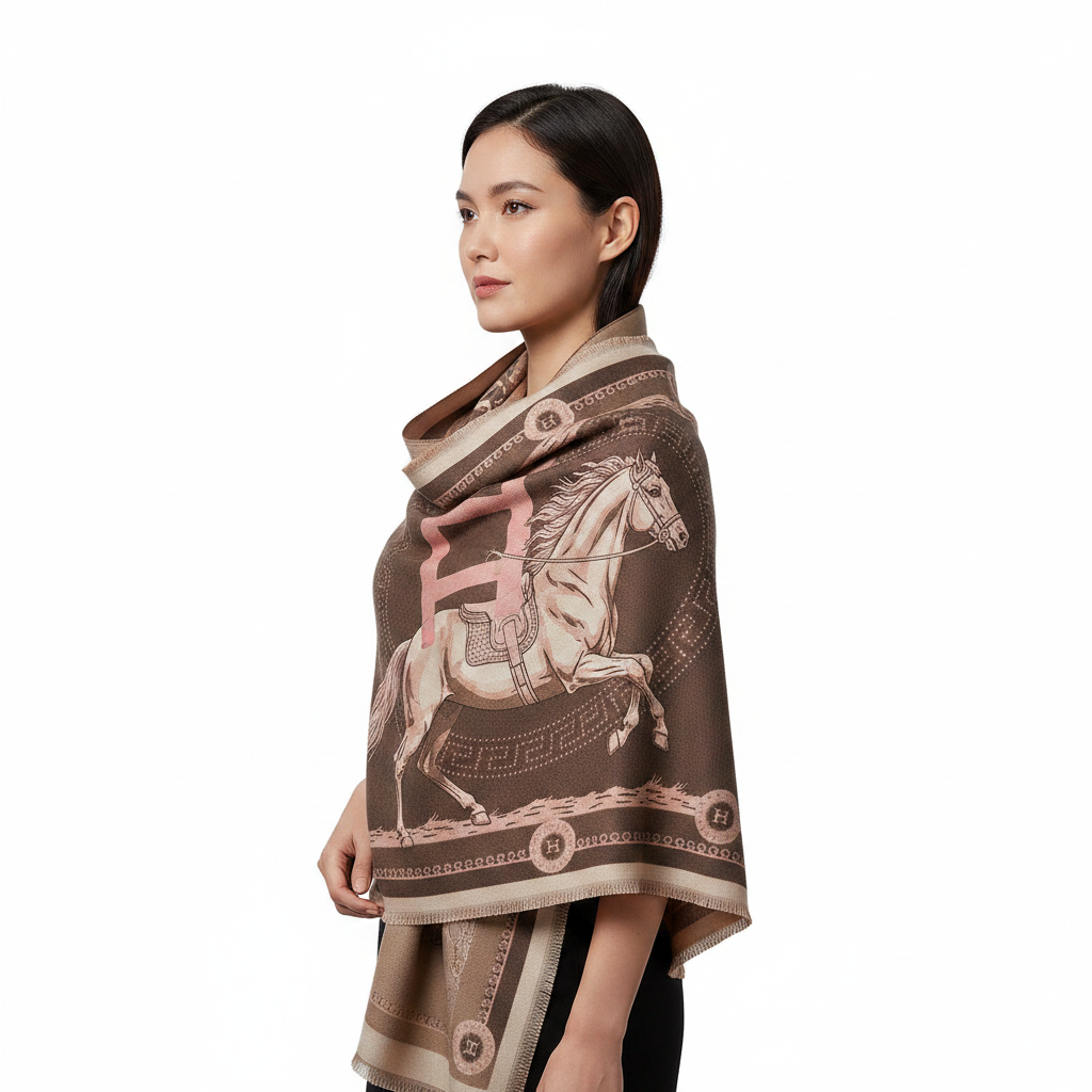 Hispanic woman wearing dark brown beige equestrian cashmere-feel shawl wrap with horse print - side view