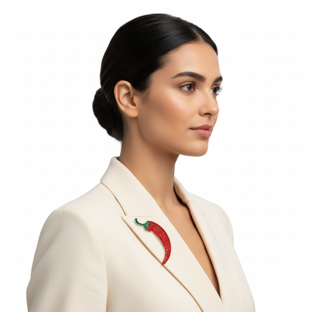 Hispanic woman wearing the chili pepper brooch at the shoulder
