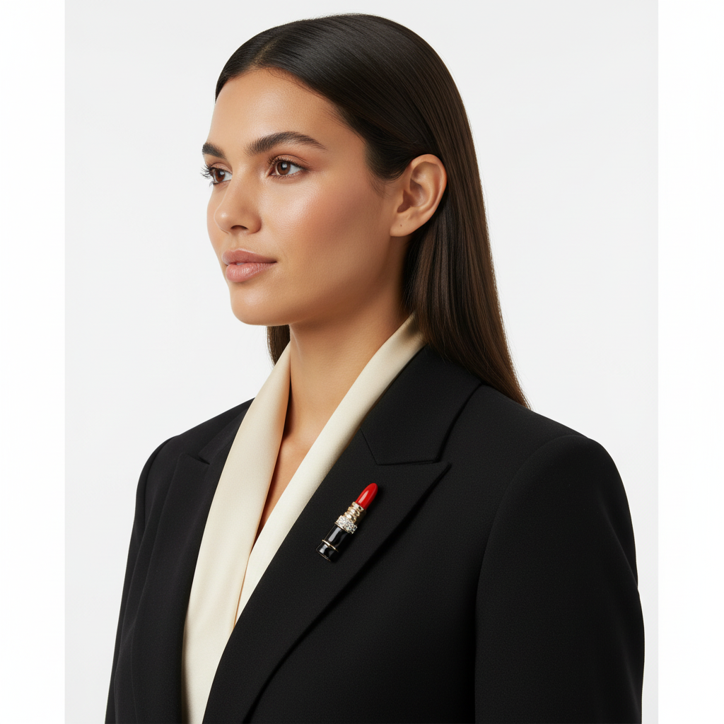 Hispanic woman wearing the red lipstick brooch near the shoulder of a tailored black blazer
