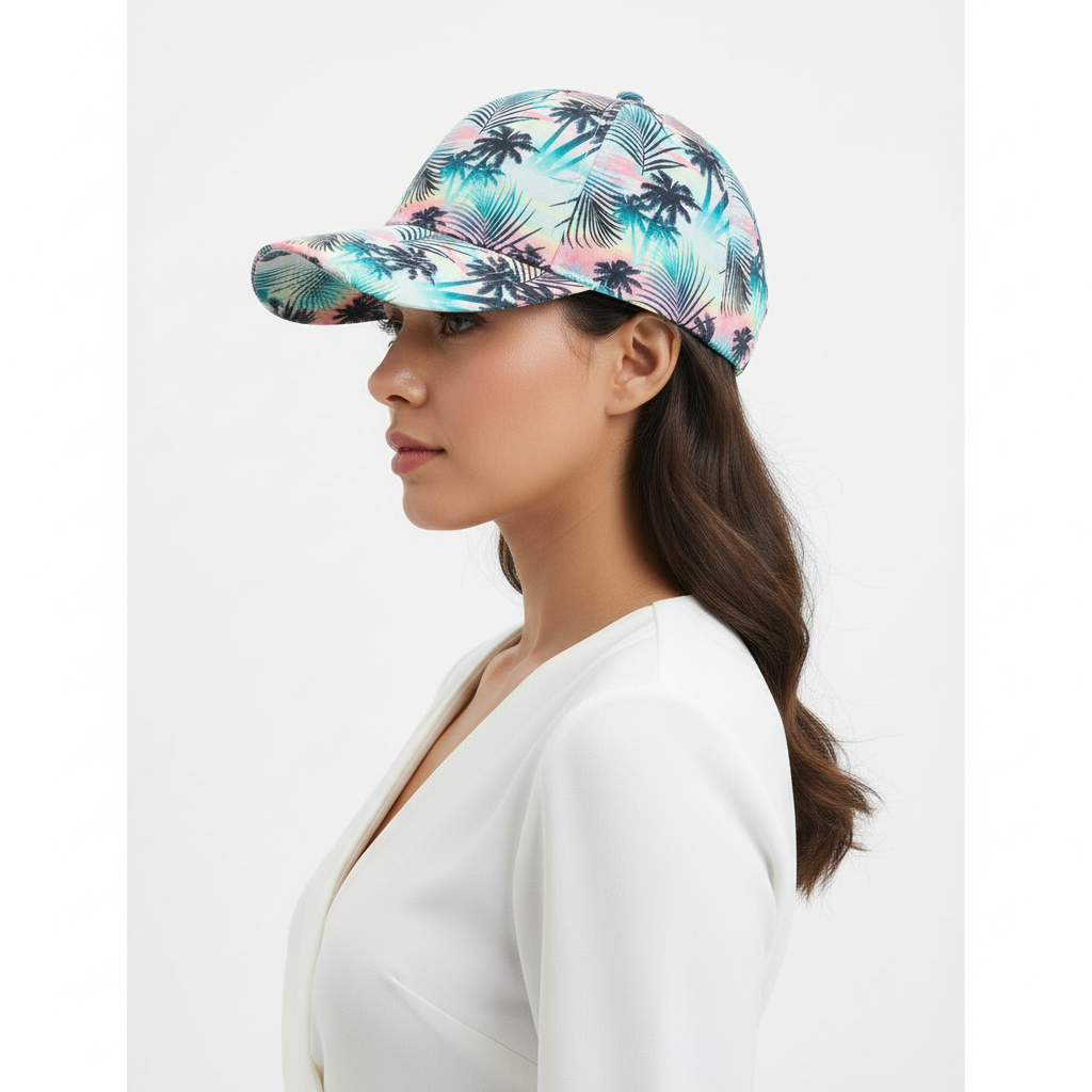 Hispanic woman wearing tropical sunset palm tree baseball cap