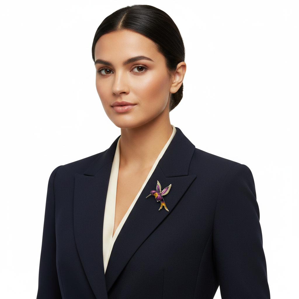 Hummingbird brooch on blazer lapel