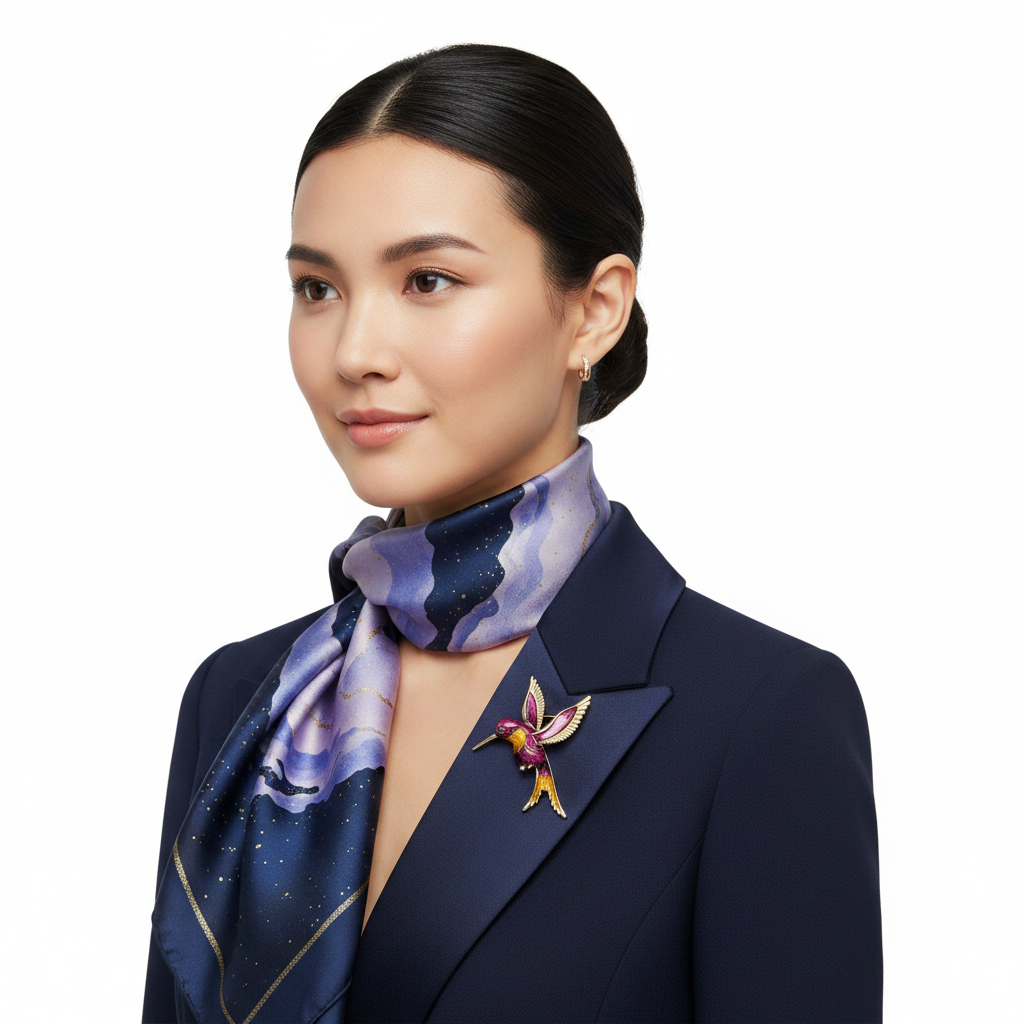 Hummingbird brooch on silk scarf