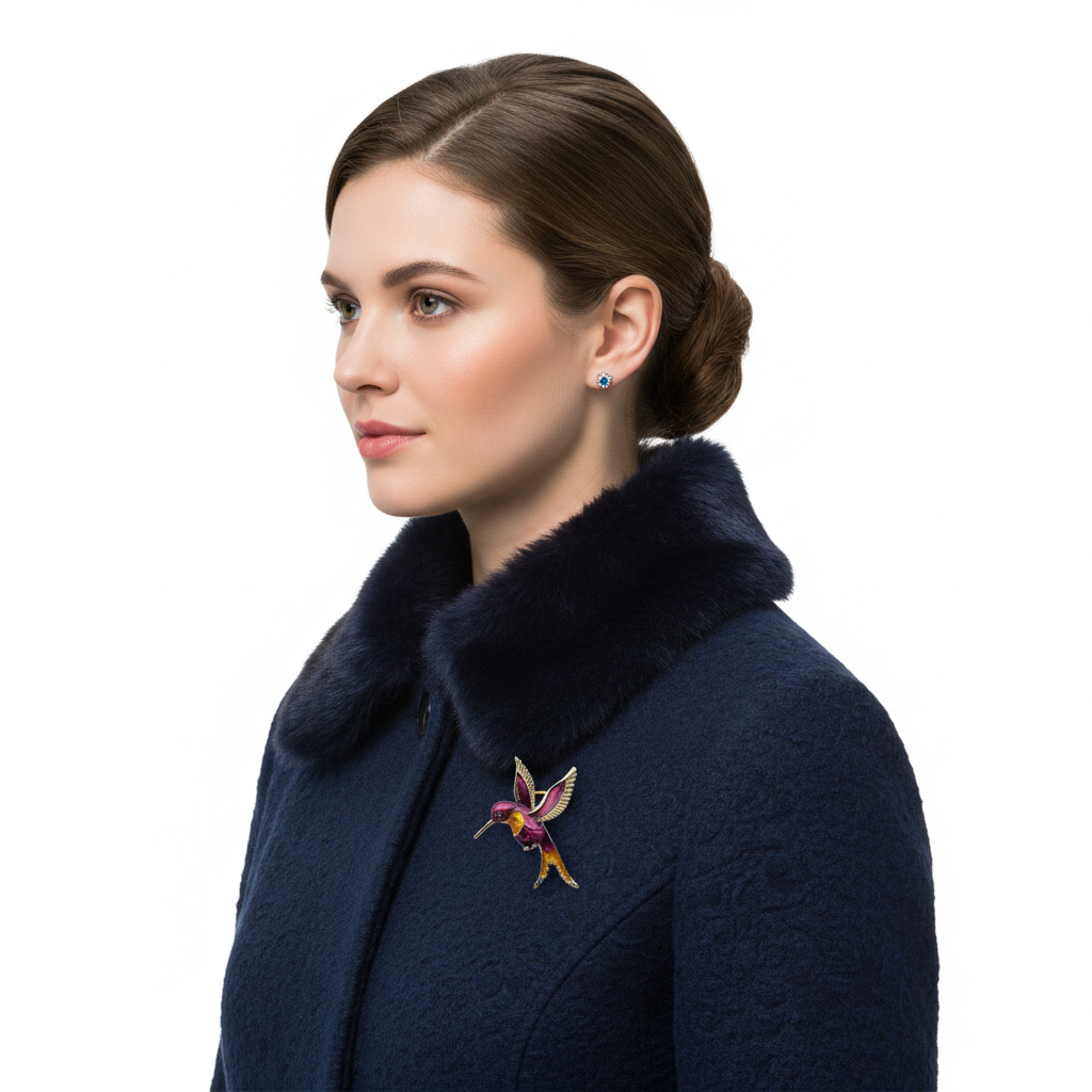 Hummingbird brooch on winter coat
