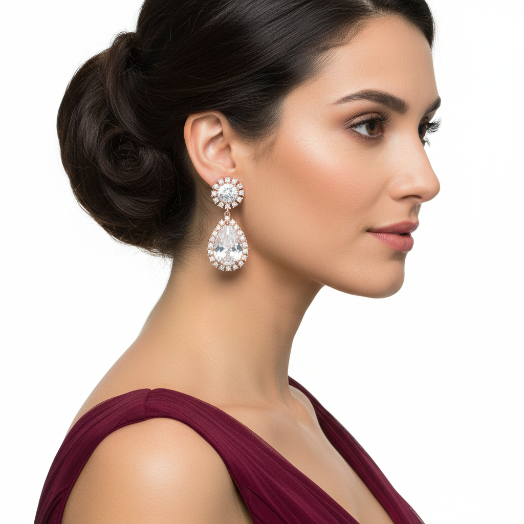Women's Rose Gold Teardrop Cubic Zirconia Halo Dangle Earrings – side view