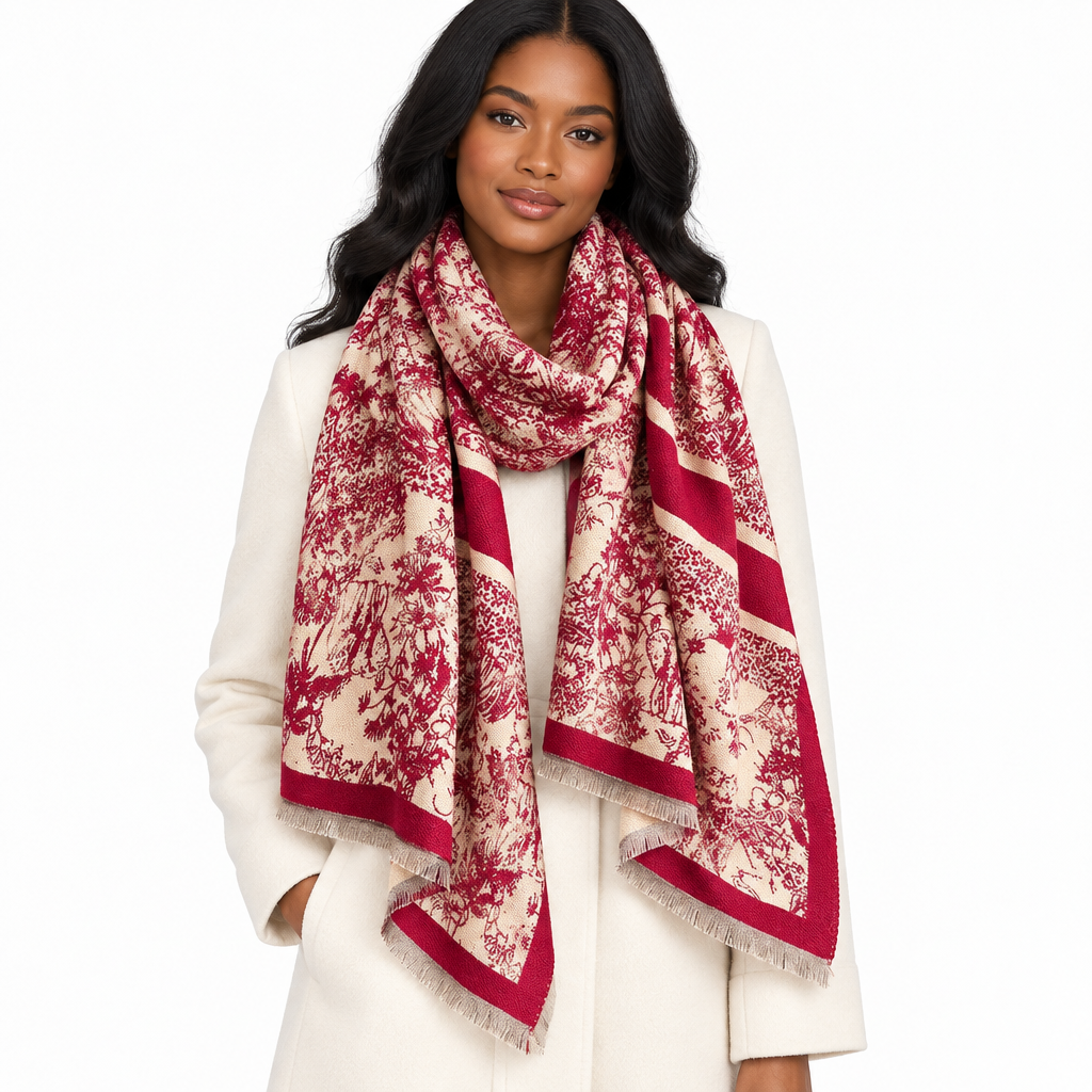 Front view of woman wearing burgundy and beige Toile de Jouy fringed scarf