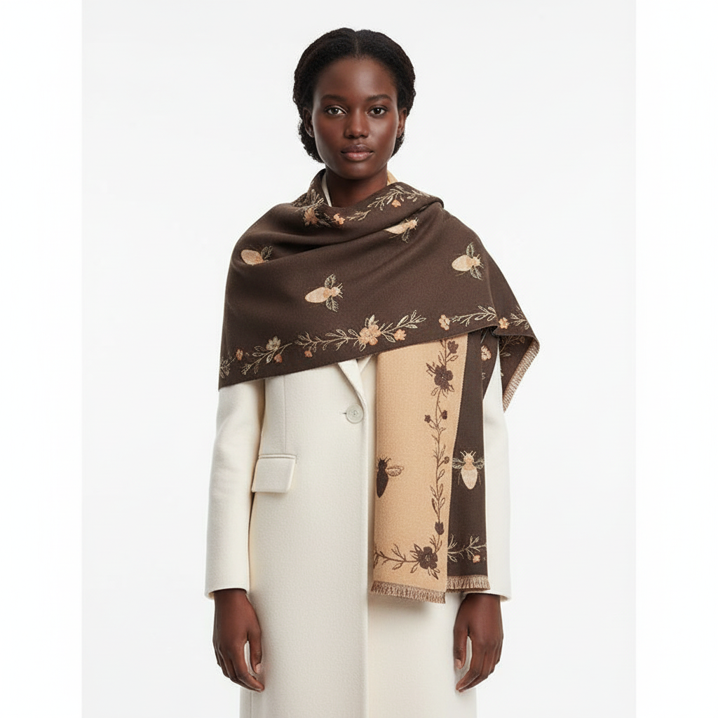 Woman wearing embroidered bee and floral shawl wrap draped over cream coat, front view, white background