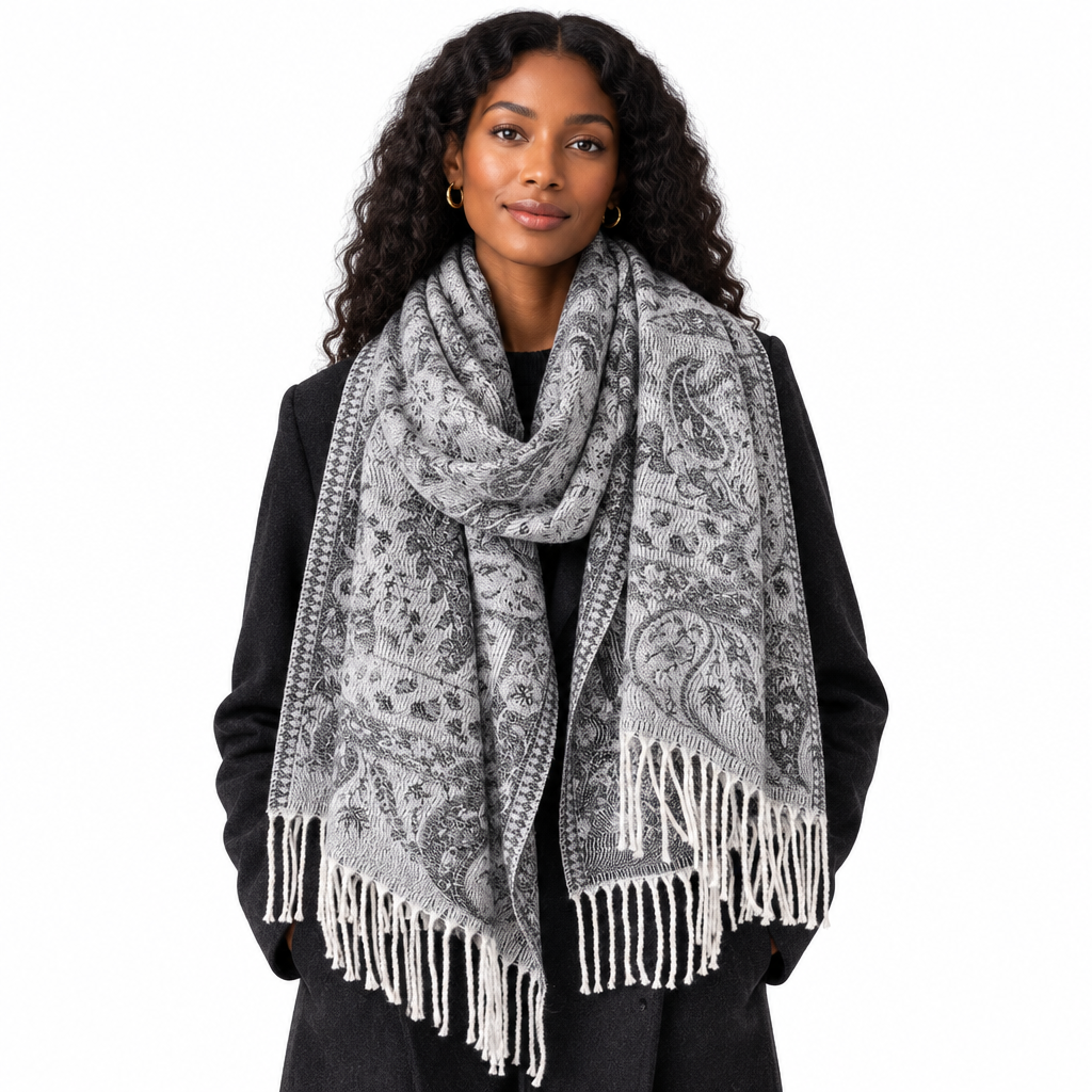 Black woman wearing an oversized black-and-gray paisley scarf draped around her neck and shoulders, front view on a white background