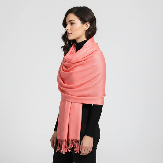 Coral pashmina scarf shawl wrap worn by a Hispanic woman, side view