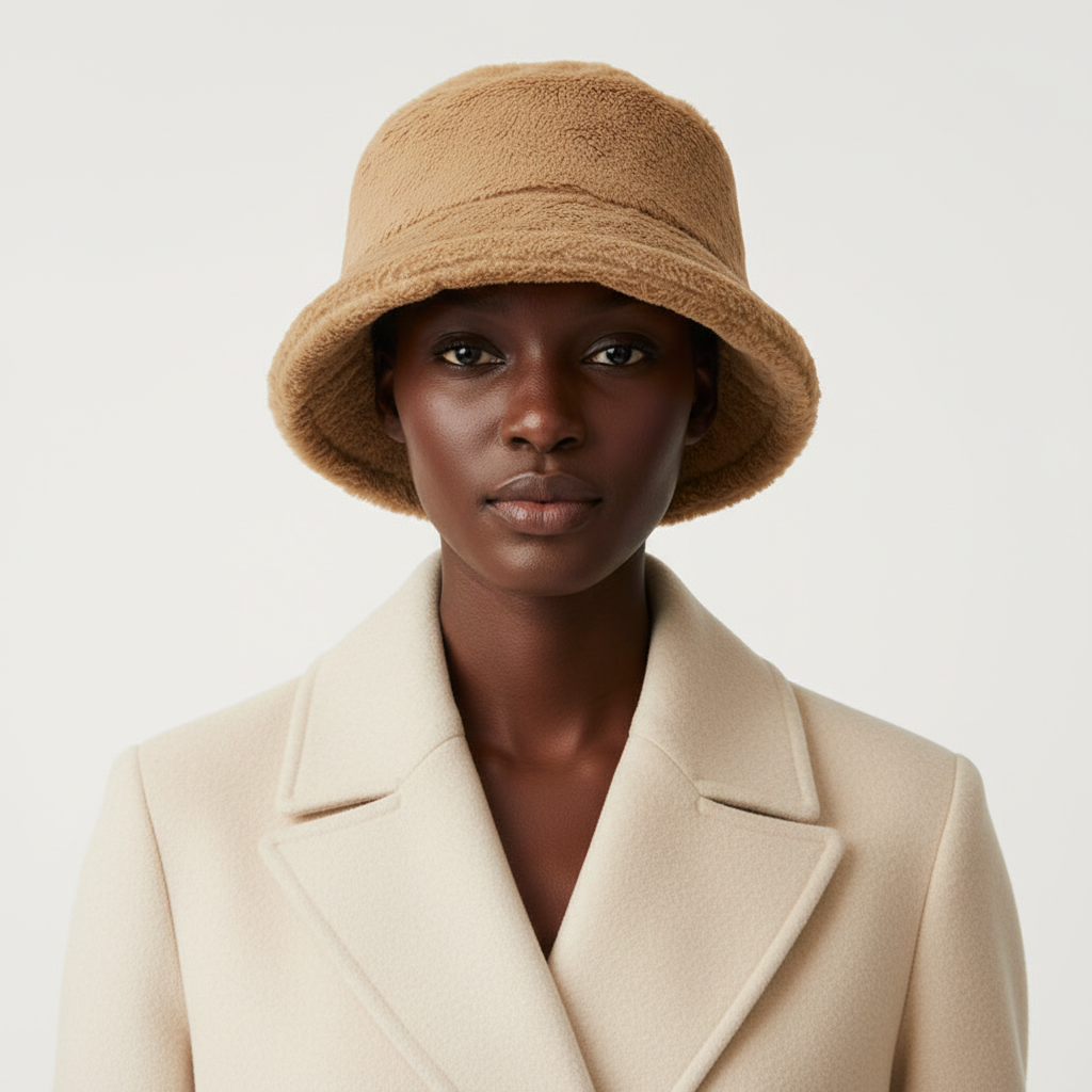 Black woman wearing a camel faux-fur bucket hat with a tailored cream coat on white