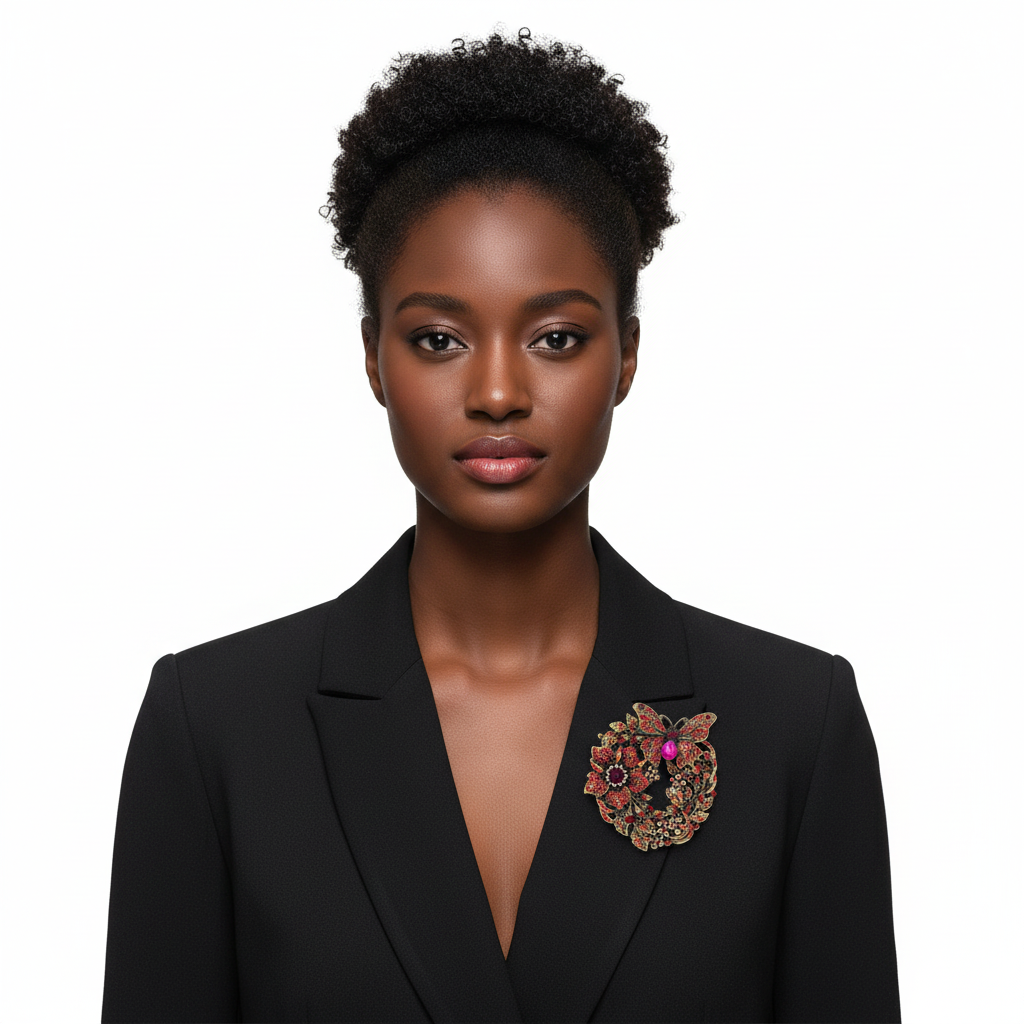 Black woman wearing a red butterfly floral rhinestone wreath brooch on a tailored black blazer