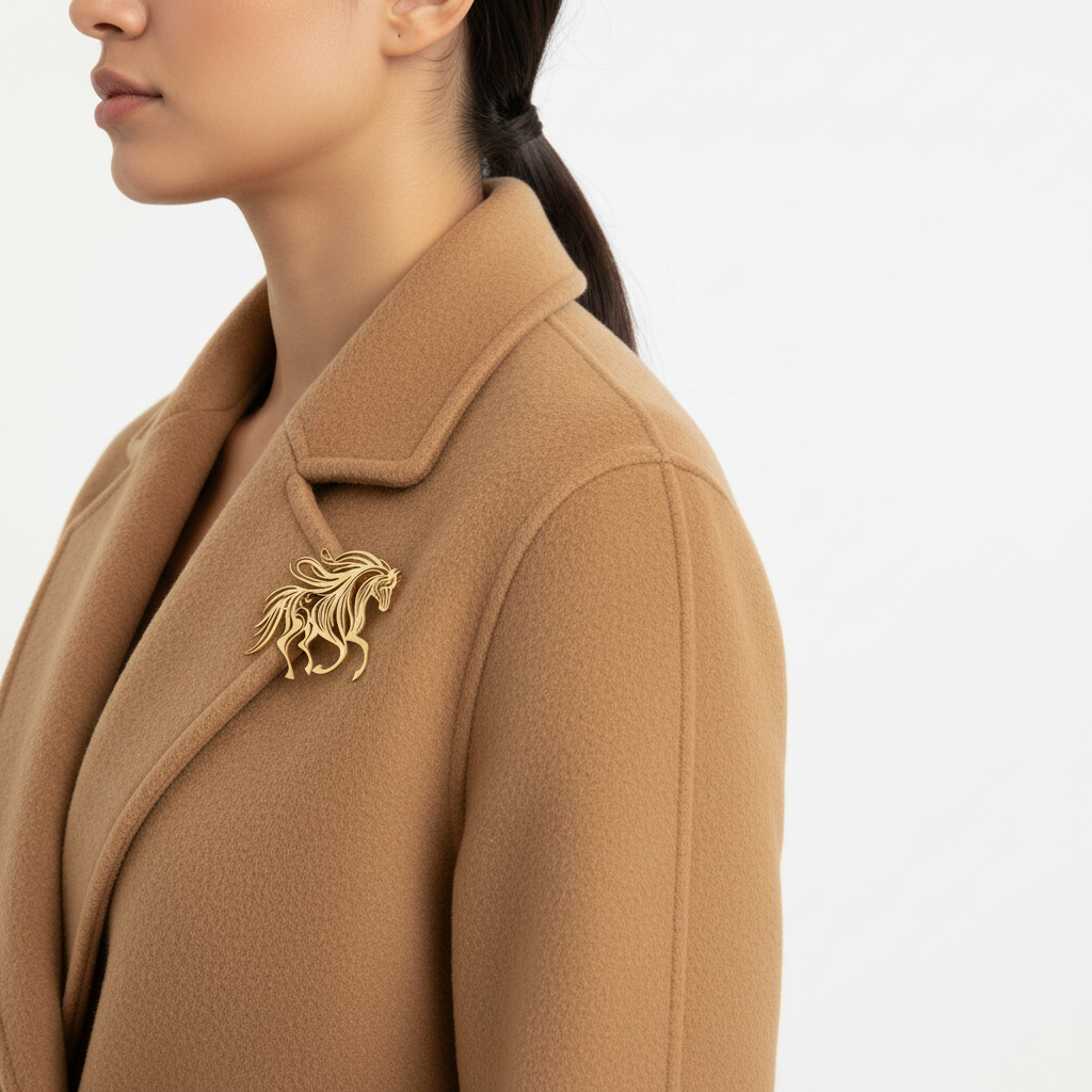 Hispanic woman wearing gold tone running horse brooch pin on camel wool coat, side view
